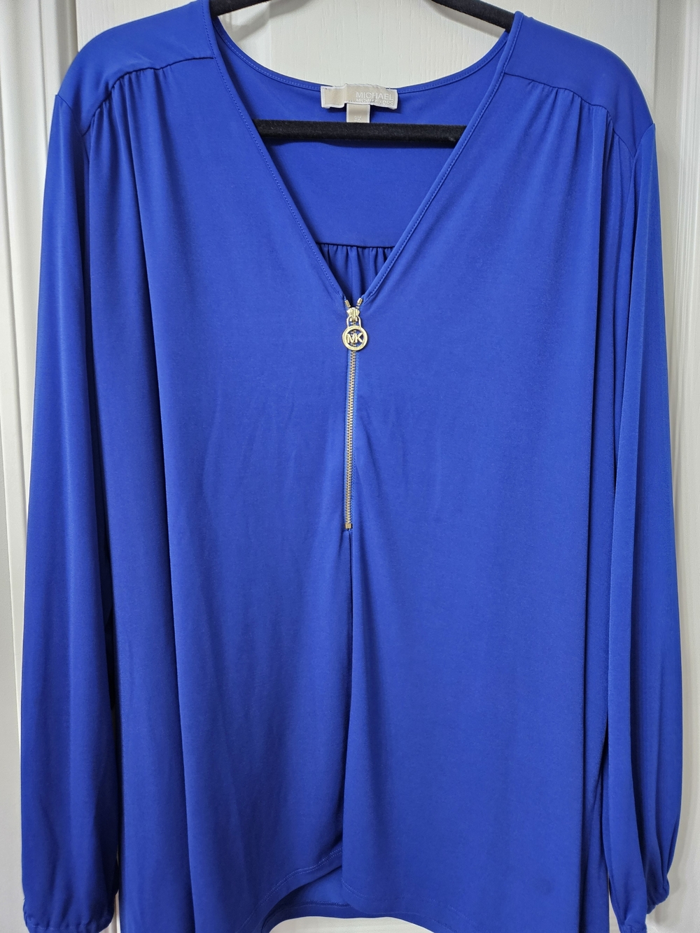 Michael Kors Cobalt Blue Long-Sleeve V-Neck Top with Gold MK Zip